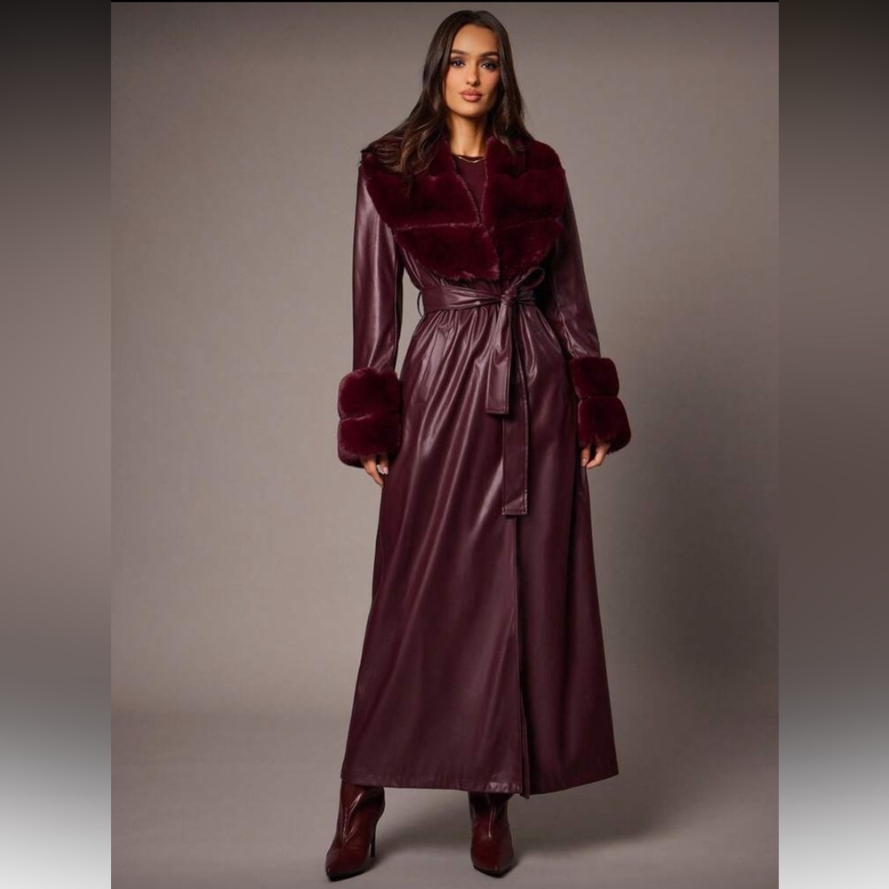 BELT ONLY 🔥 Faux fur collar cuffs vegan leather trench coat burgundy maroon - Picture 6 of 9